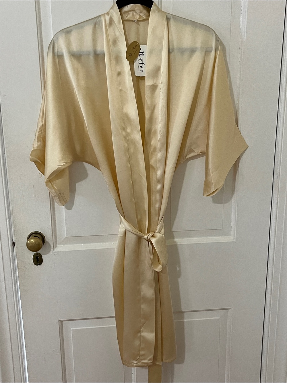 Silk Cream Satin Kimono Robe with Waist Tie